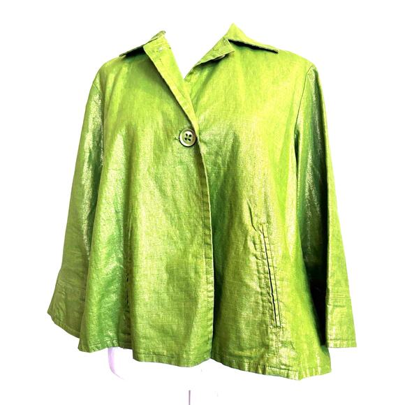 Chico’s 1 Jacket Shimmering Lime Green Linen Cotton Pleated Back 3/4 Sleeves 112 - Picture 1 of 7